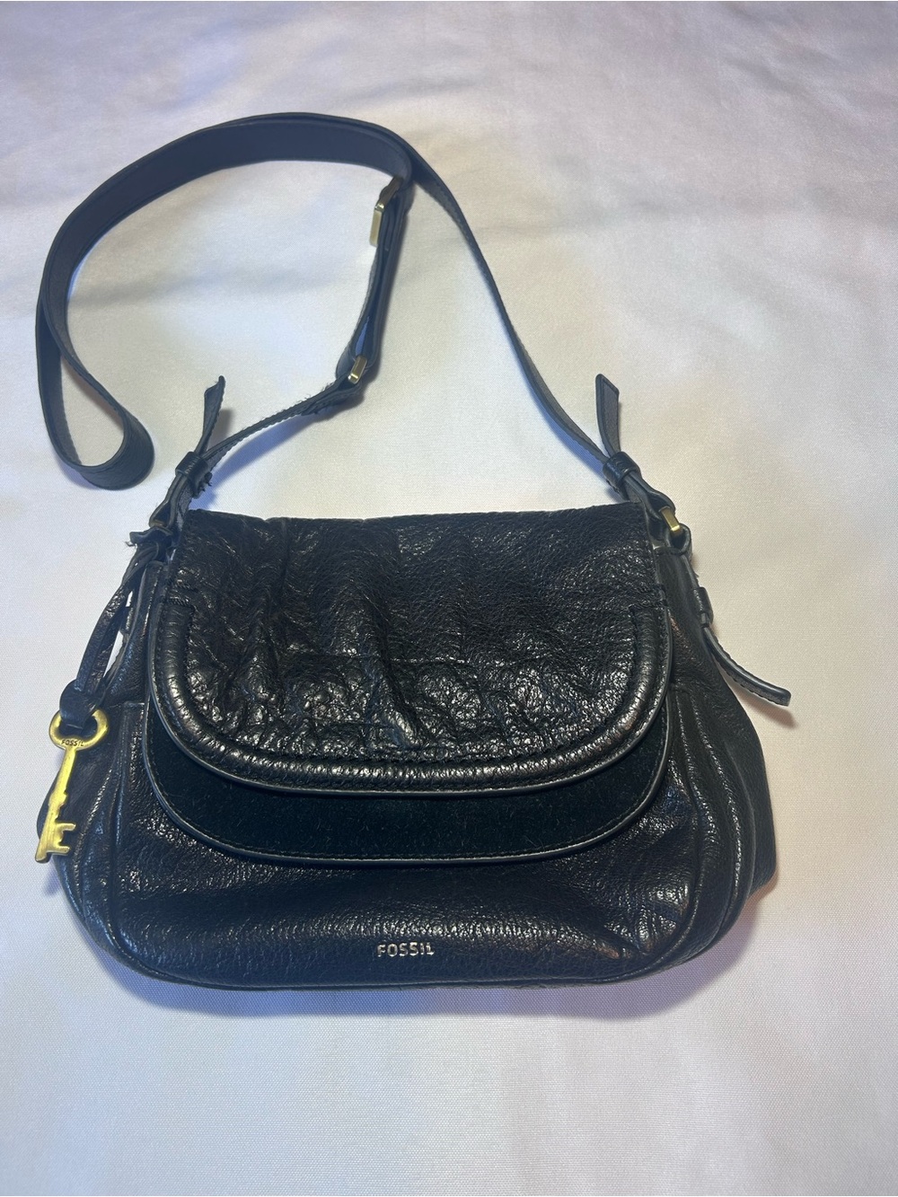 Fossil Peyton Double Flap Leather Suede Crossbody with Key Charm